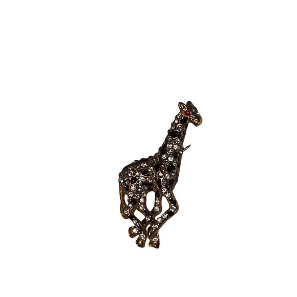 Vtg Clear Rhinestones & Black Enamel Giraffe Brooch Pin Red Eyes Women Jewelry - Picture 1 of 4